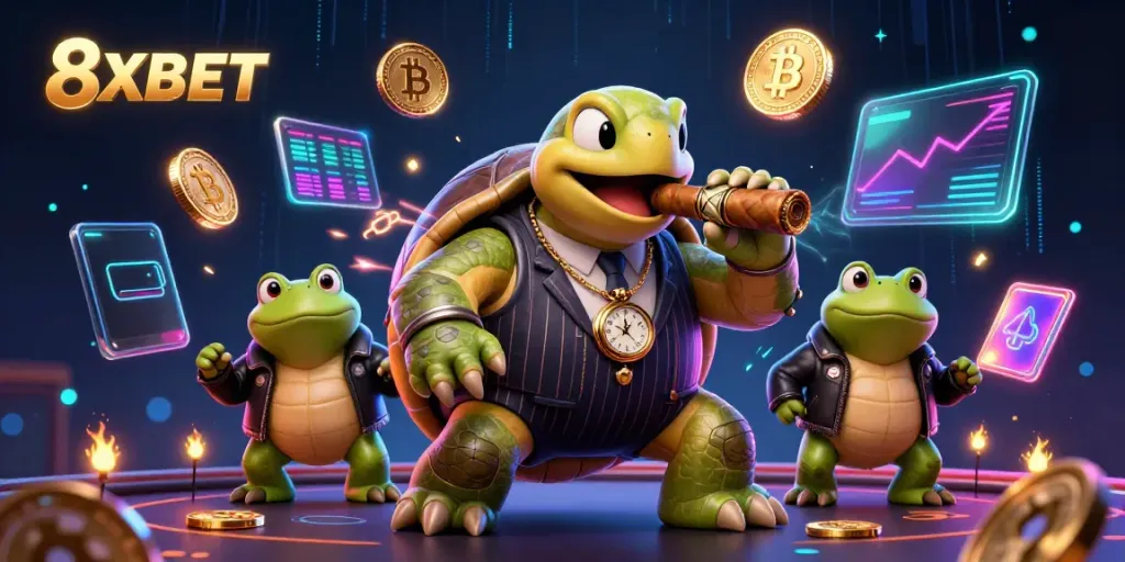 Engage in thrilling gameplay with 8XBET featuring unique characters in a dynamic casino scene.