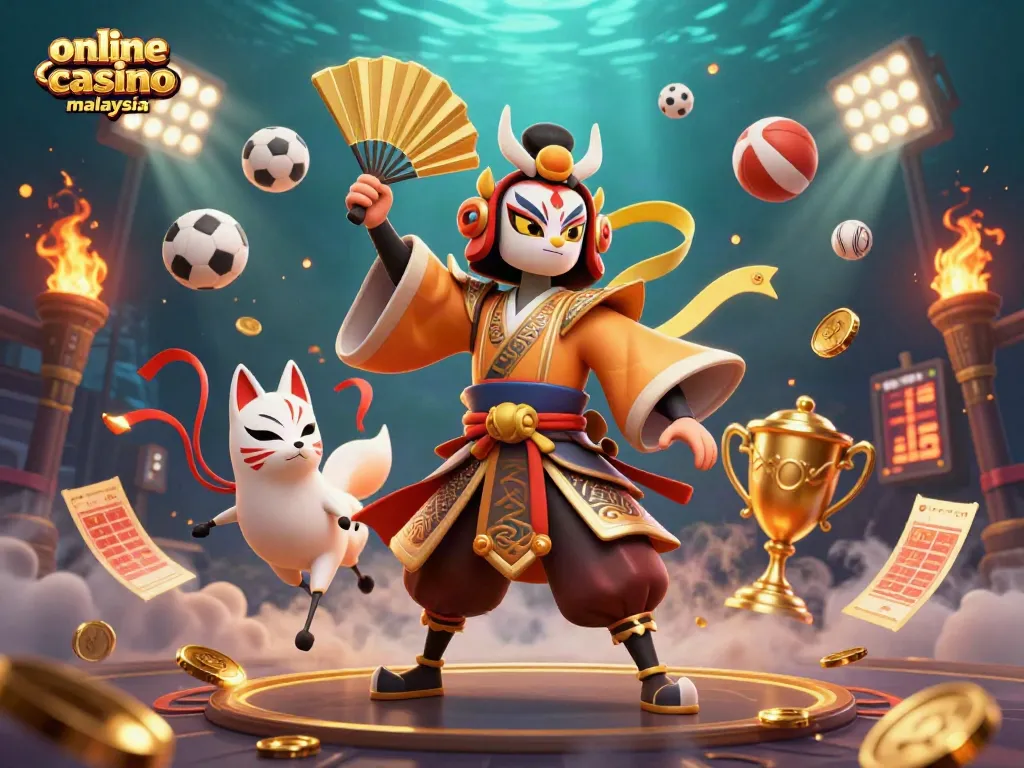 Engaging scene depicting online casino Malaysia with vibrant characters and sports elements bringing gaming excitement alive.