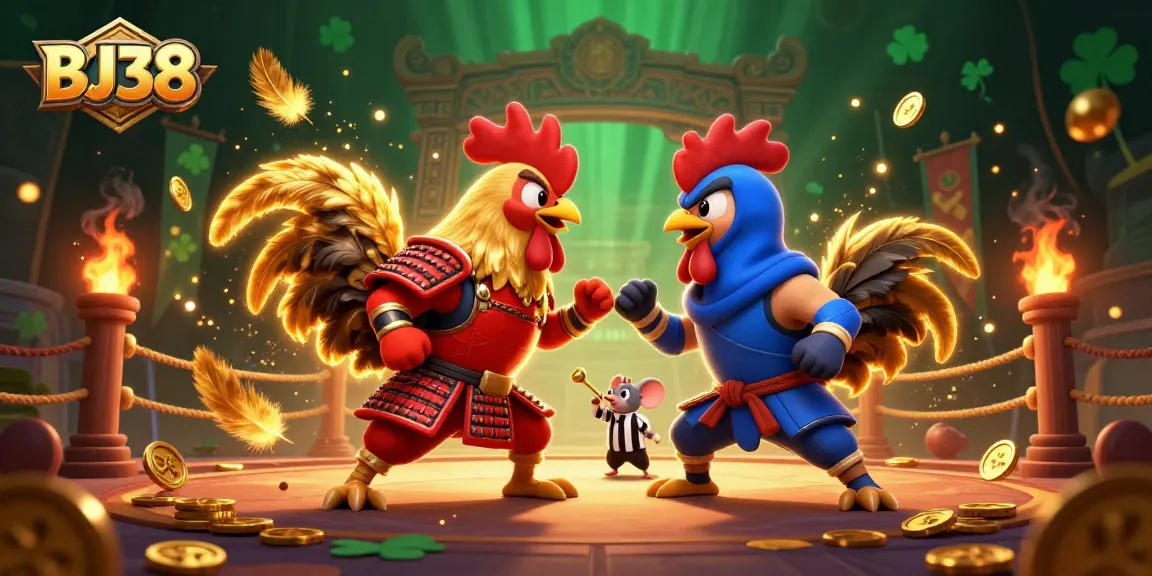 Engage in exhilarating action with BJ38 as fighting roosters clash in a vibrant 3D casino arena.