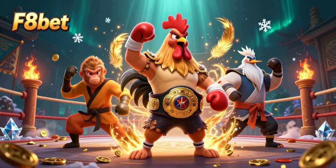 F8bet showcases thrilling gambling action with an energetic Muay Thai rooster and skilled martial artists.