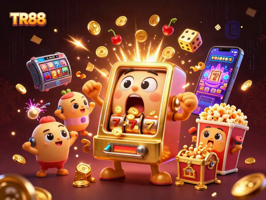 Spin to win with TR88 as the golden slot machine celebrates a jackpot amidst a vibrant casino scene.