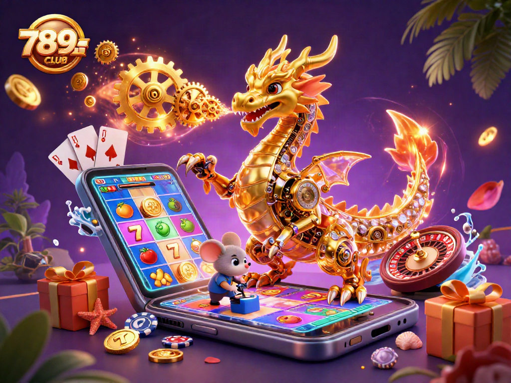 Engage with thrilling gameplay at 789CLUB featuring a golden dragon amidst casino elements.