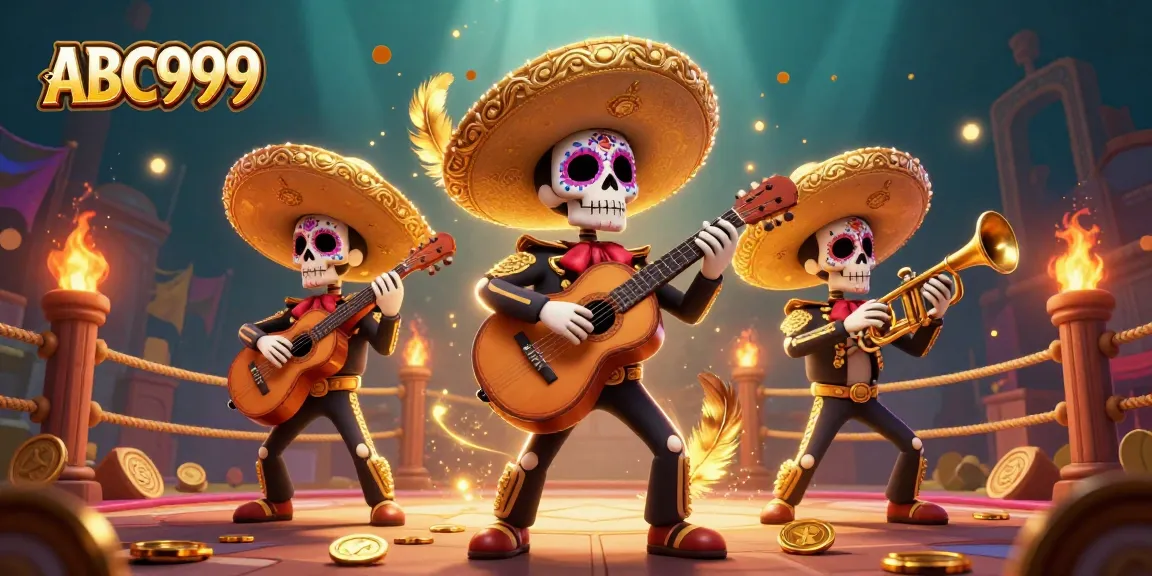 Engage in electrifying gameplay with ABC999's mariachi band amidst vibrant casino elements.