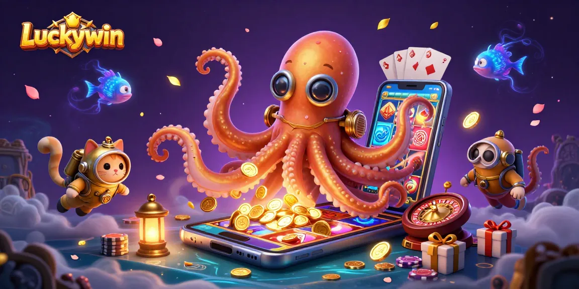 Spin to win with Luckywin's vibrant casino scene featuring a kraken and diving cat.