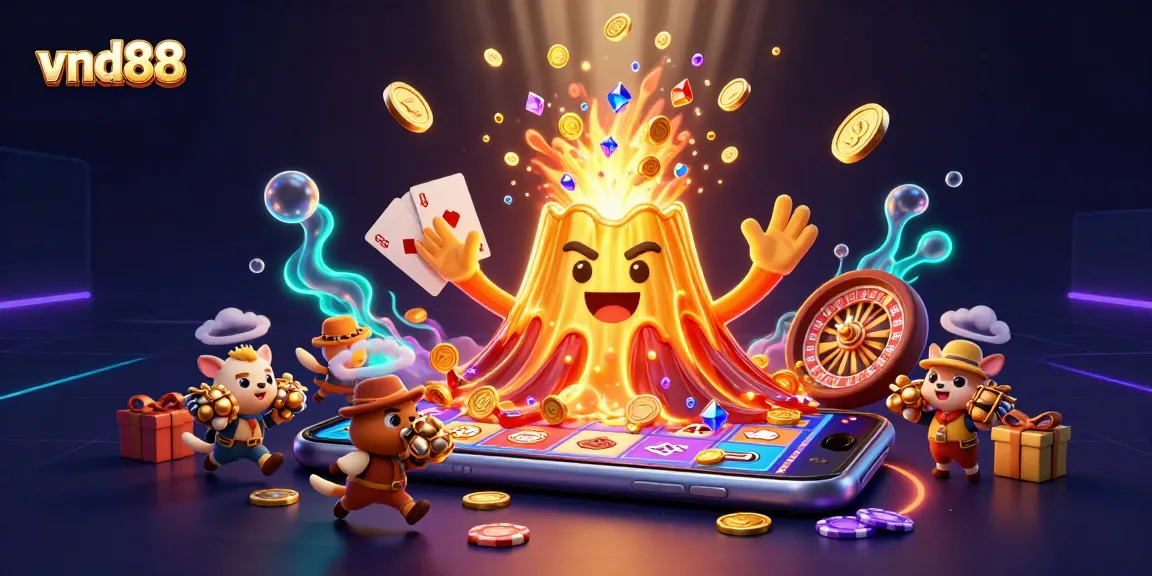 Experience the thrill of vnd88 with a vibrant 3D illustration showcasing a golden volcano erupting coins and exciting casino games.