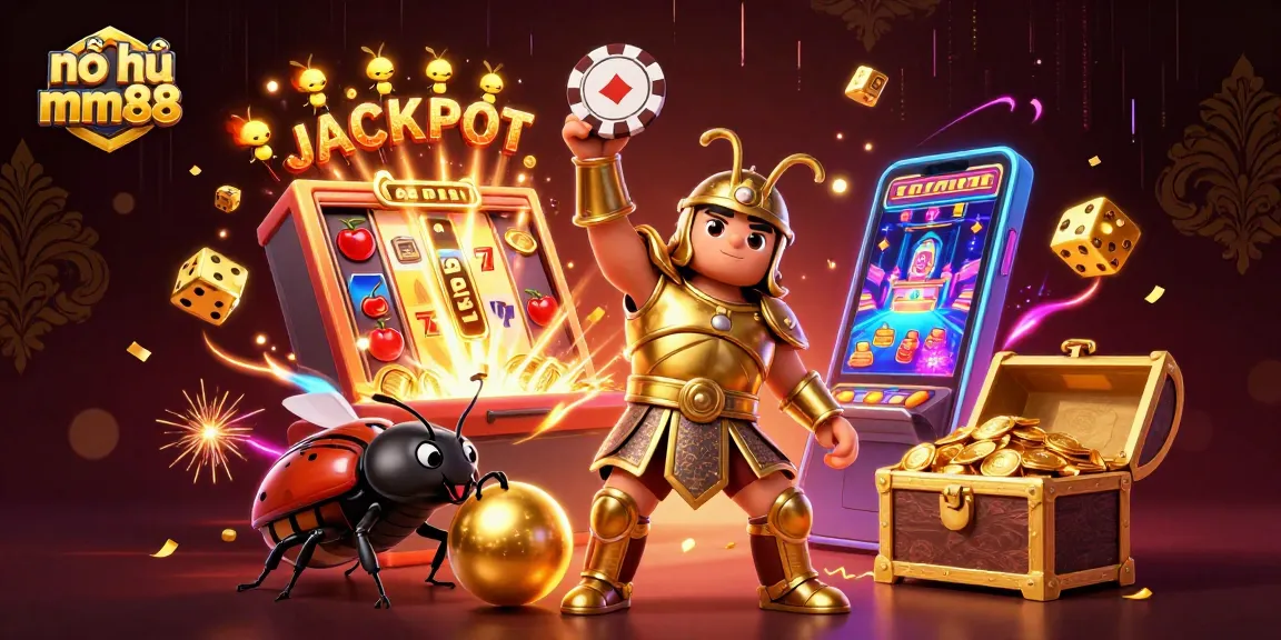 Experience thrilling nổ hũ mm88 jackpots with vibrant 3D illustrations of casino elements and characters.