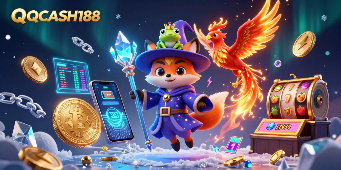 Engage with QQCASH188 and discover vibrant slot games illustrated with magic and crypto elements.