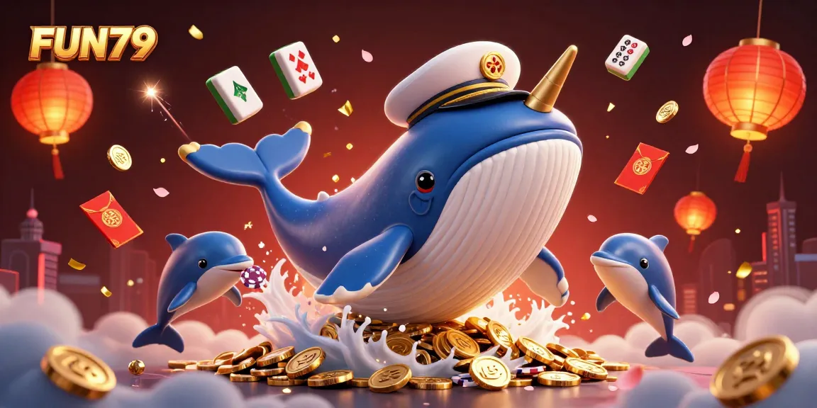 Experience FUN79 with a vibrant scene of a whale and dolphins among golden treasures.