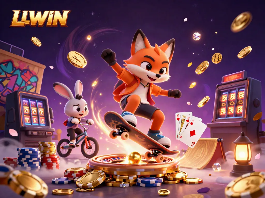 LLWIN showcases a vibrant 3D scene with a skateboarder fox and a BMX rabbit among cascading casino elements, symbolizing rich gambling excitement.