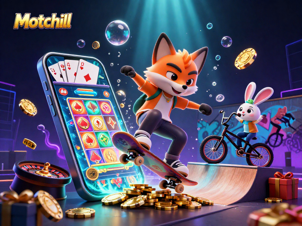 Motchill showcases thrilling gameplay with a 3D fox and rabbit exploring a vibrant casino scene.