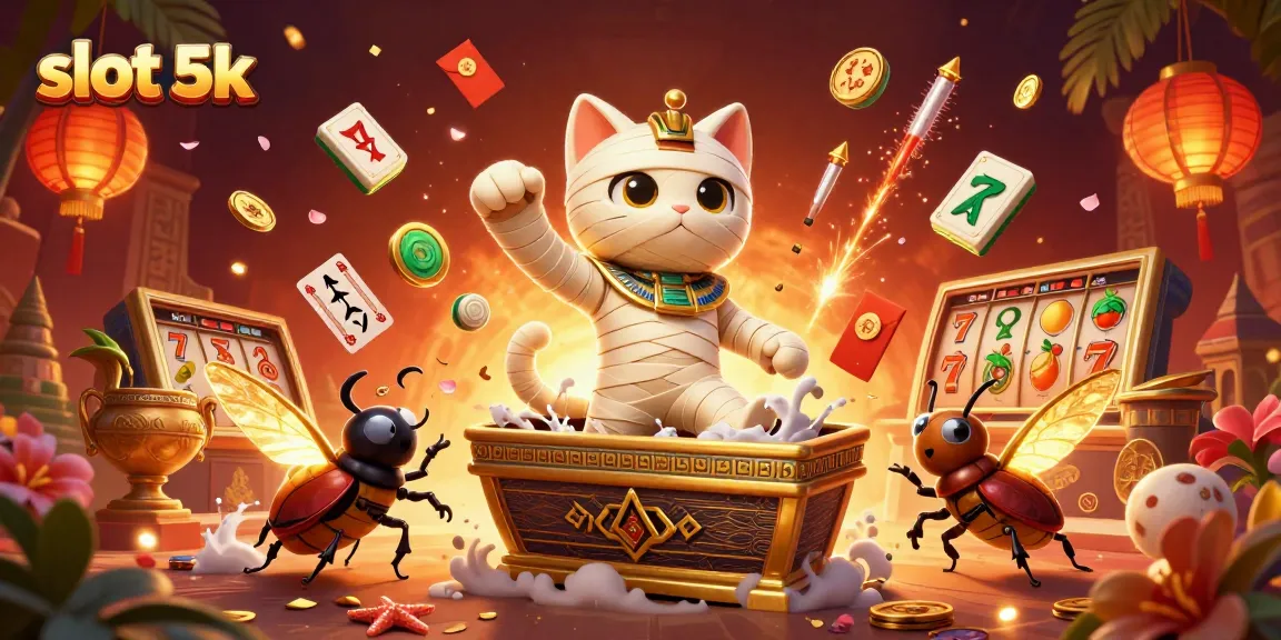 Experience slot 5k excitement with a dynamic illustration featuring a mummy cat and casino elements.