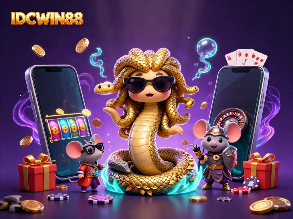Play thrilling games at IDCWIN88 with Medusa and a warrior mouse, surrounded by rich casino elements.