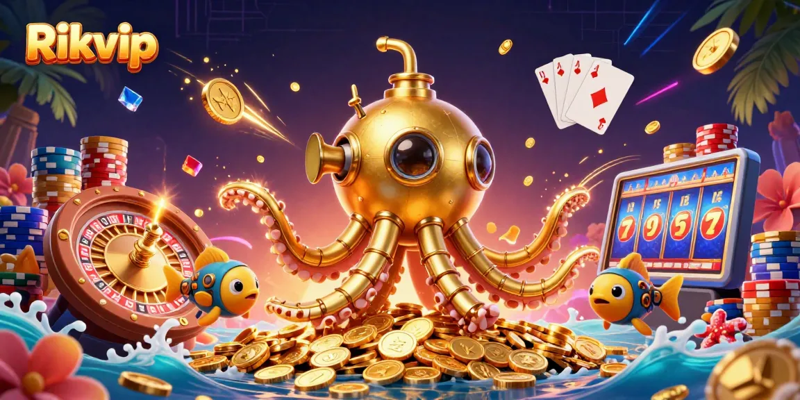 Engage with Rikvip's thrilling gaming adventures, showcasing a vibrant scene of a golden kraken submarine among sparkling coins.