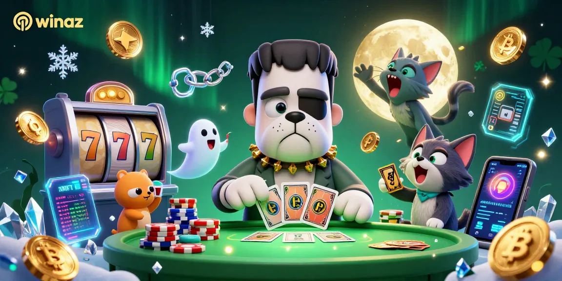 Winaz showcases an exciting casino scene with a monster dealer, ghost mouse, and kitten, integrating gaming elements.