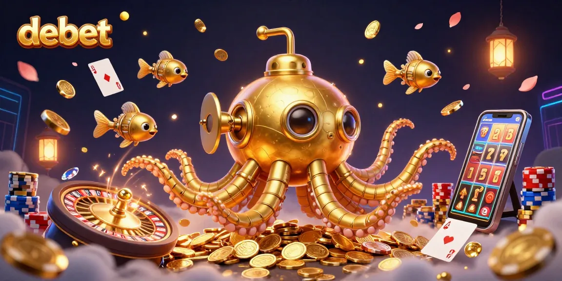 Experience debet gambling excitement with a golden kraken submarine and vibrant casino elements.