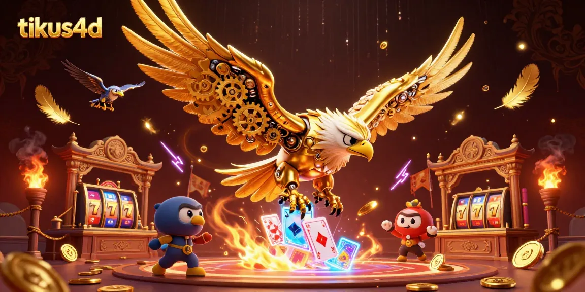 Experience thrilling gameplay with tikus4d while the cybernetic eagle navigates a vibrant casino scene.