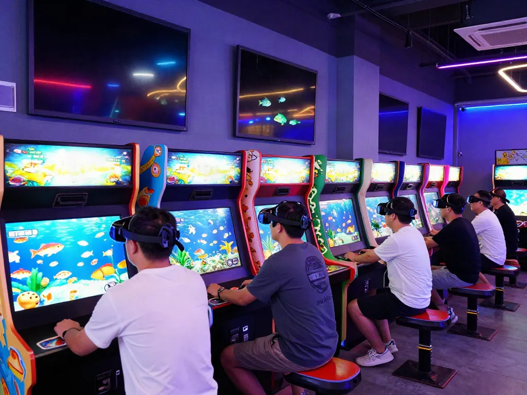 Exciting scene of players immersed in fishing-themed arcade games, highlighting lại là Bắn cá đổi thưởng as they compete for high scores.