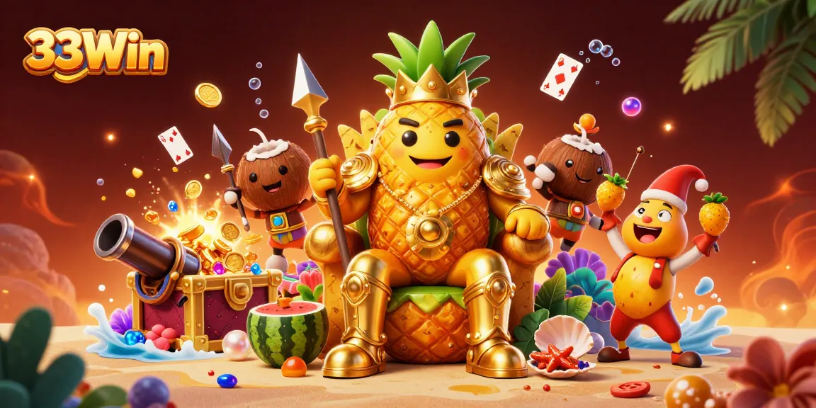 Play and win big at 33Win with the golden pineapple king ruling a vibrant casino scene.