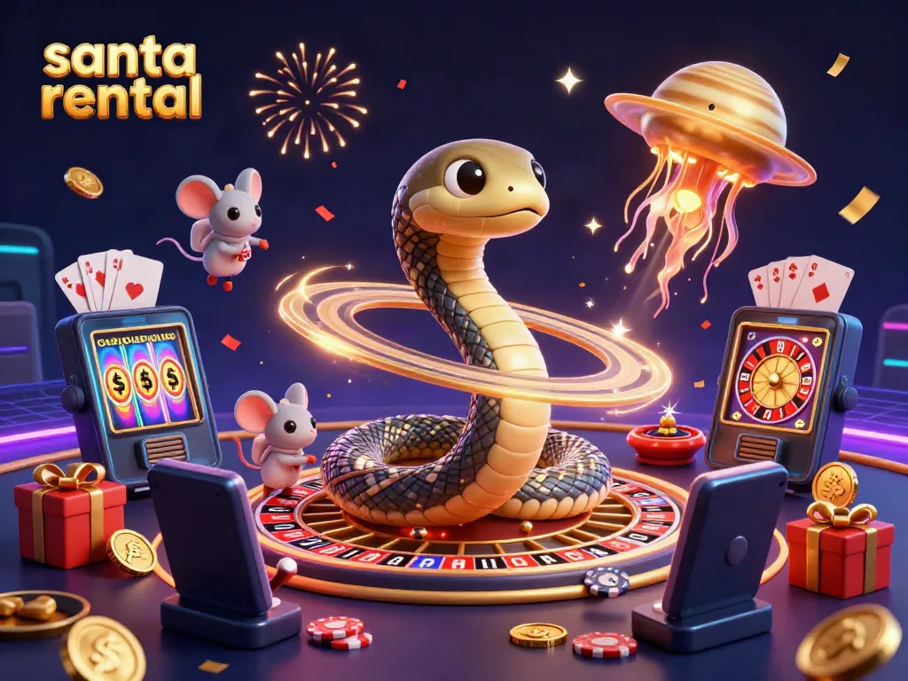 Experience the excitement of a santa rental with a whimsical scene of cosmic gambling featuring playful characters.
