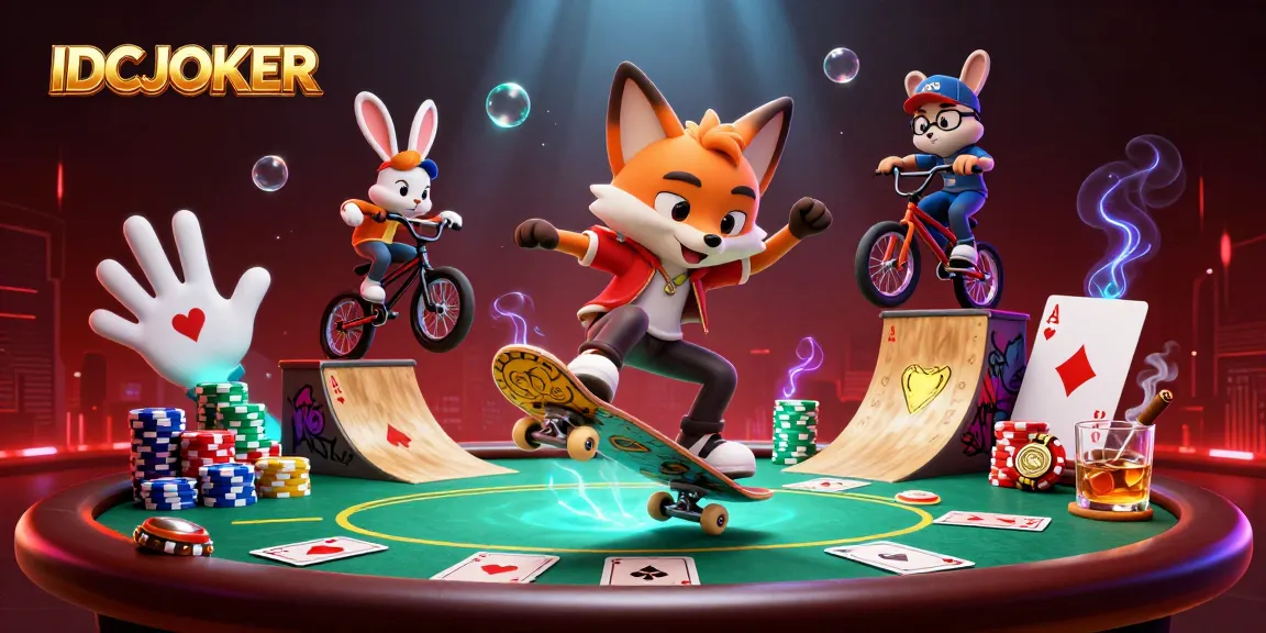 Experience thrilling gameplay with IDCJOKER featuring animated characters in a vibrant casino scene.