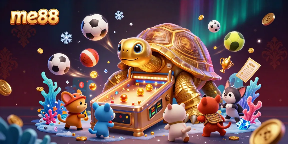 Experience me88's vibrant casino scene with a golden tortoise pinball machine, sports elements, and excited gamers.
