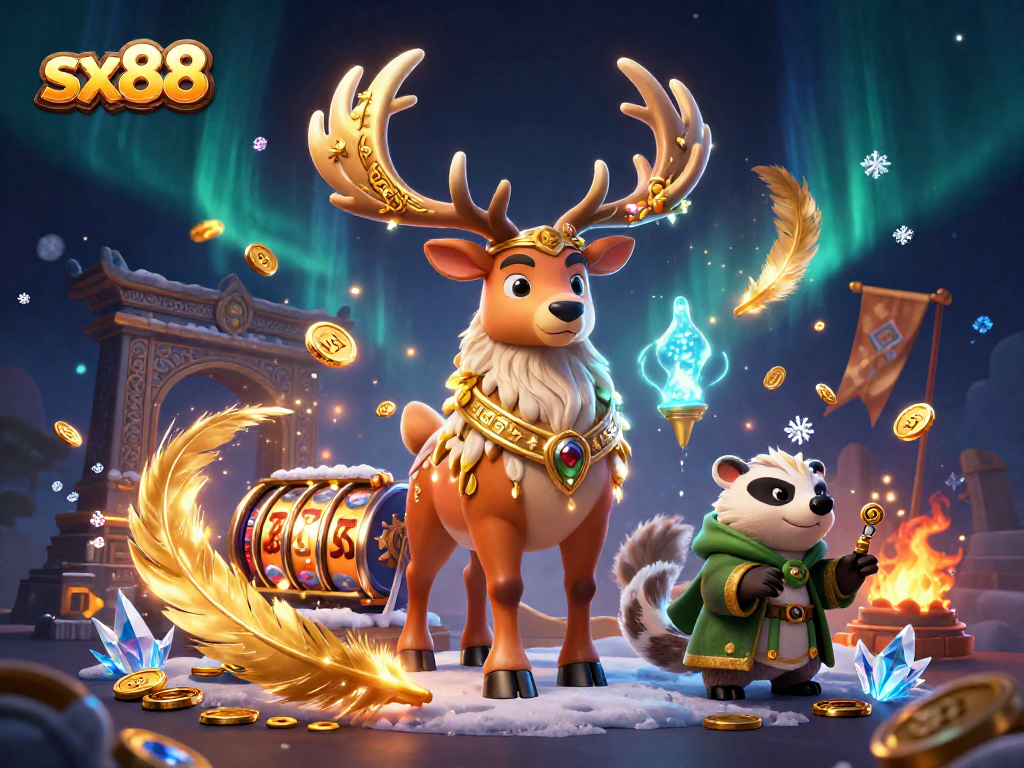 SX88 stuns with vibrant casino excitement illustrated through a druid stag, wise badger, and floating spirits.
