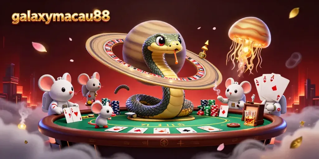 Experience the vibrant galaxy-themed casino scene bustling with cosmic characters and gambling elements, galaxymacau88.