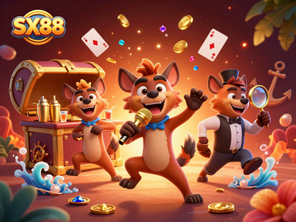 SX88 showcases a vibrant casino scene with hyena characters engaged in comedic acts, mixing drinks, and checking IDs, surrounded by floating playing cards.