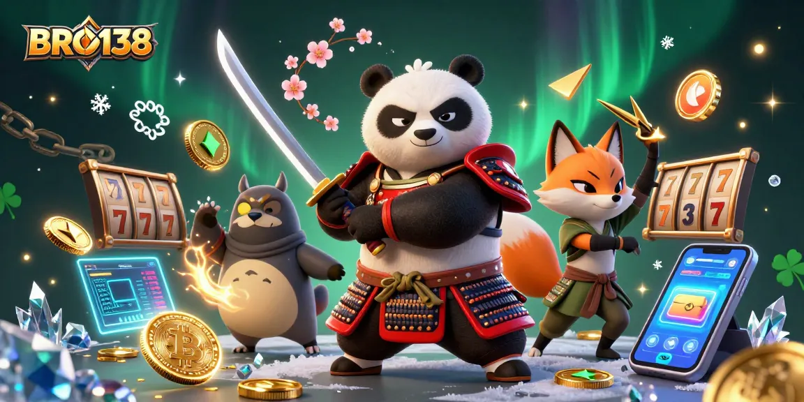Engaging BRO138 casino scene with samurai panda and ninja fox amidst slot game elements.