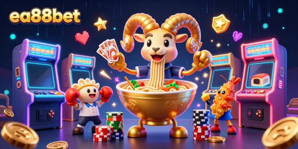 Engage with the vibrant scene of ea88bet featuring a playful golden ramen bowl, cards, and cheering food characters in a dynamic casino atmosphere.