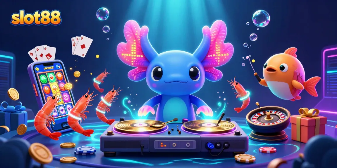 Experience thrilling slots with slot88 featuring a vibrant DJ axolotl, lively shrimp dancers, and dynamic game elements.