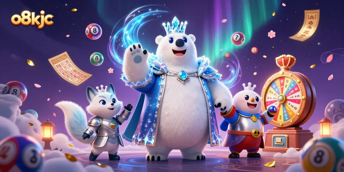 Play and win with o8kjc in a vibrant lottery-themed scene featuring a snow fox and polar bear with dynamic game elements.