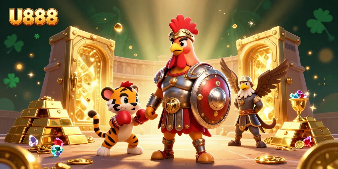 Engage with U888's exciting gladiatorial gaming scene showcasing gold treasures and vibrant characters.