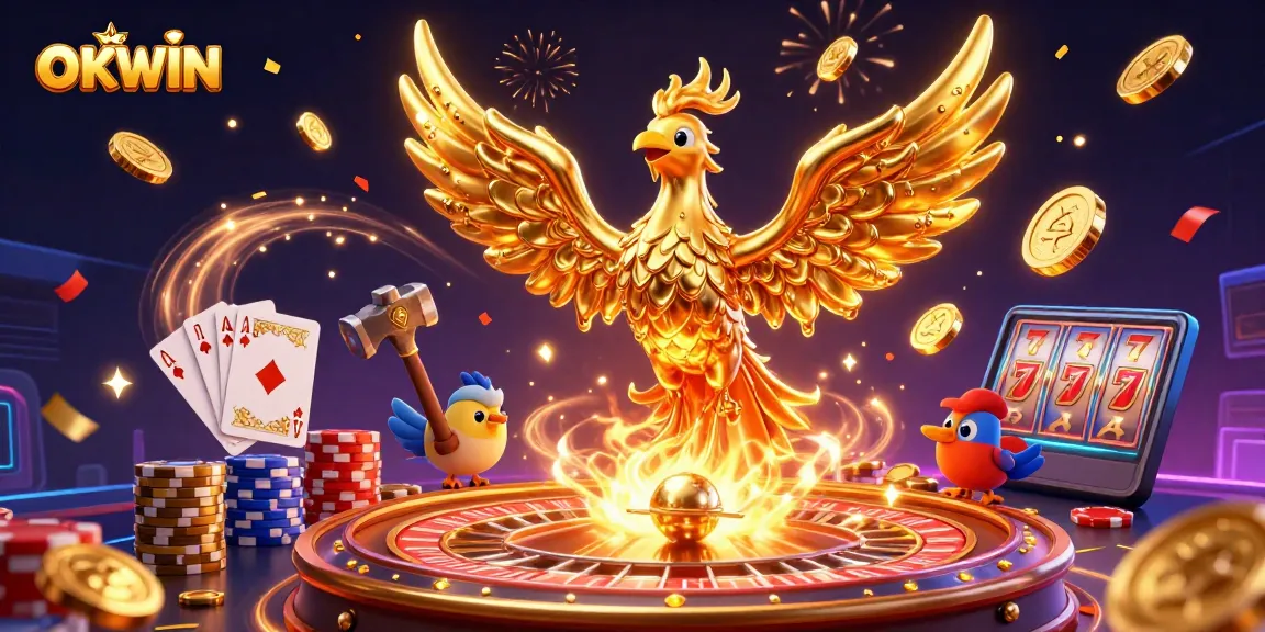 Experience the excitement of OKWIN as a golden phoenix generates coins amidst a vibrant casino scene.