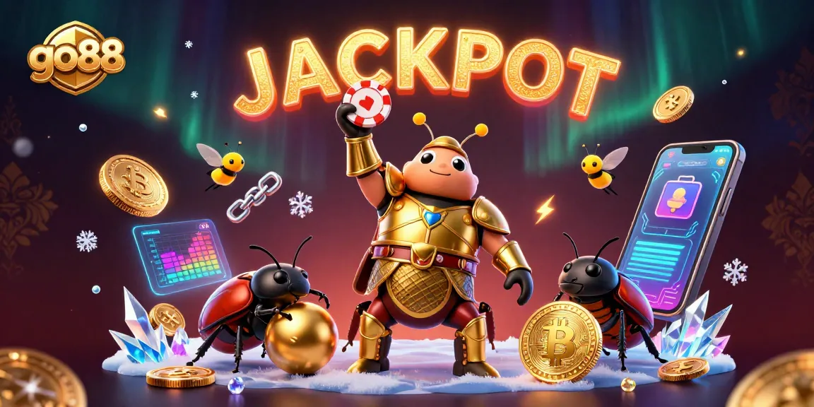 Go88 illustration showcasing a victorious hercules beetle lifting a poker chip in a colorful casino-themed scene.