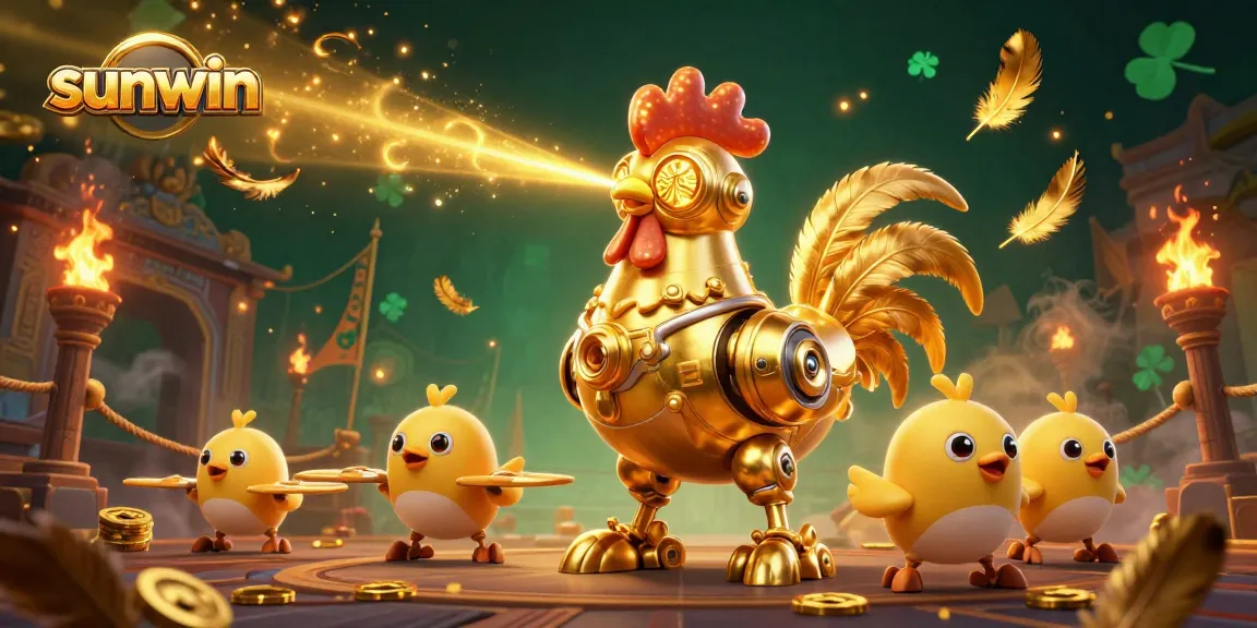 Engage with sunwin's thrilling offerings featuring a golden rooster robot and baby chick drones in a dynamic casino atmosphere.