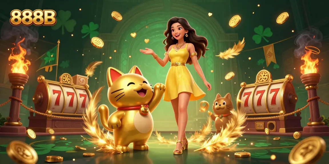 Experience the thrill of 888B with a cheerful mascot and vibrant golden coins in a dynamic casino scene.