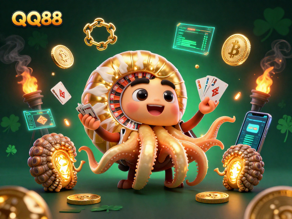 Spin the QQ88 roulette with golden spiral nautilus and glowing crypto coins in dynamic illustration.