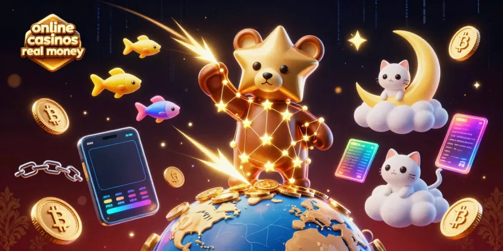 Engage in online casinos real money with a magical 3D constellation scene featuring a bear, coins, and NFT elements.