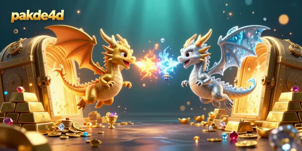 Experience pakde4d's thrilling charm with dynamic dragons amidst gold treasure.