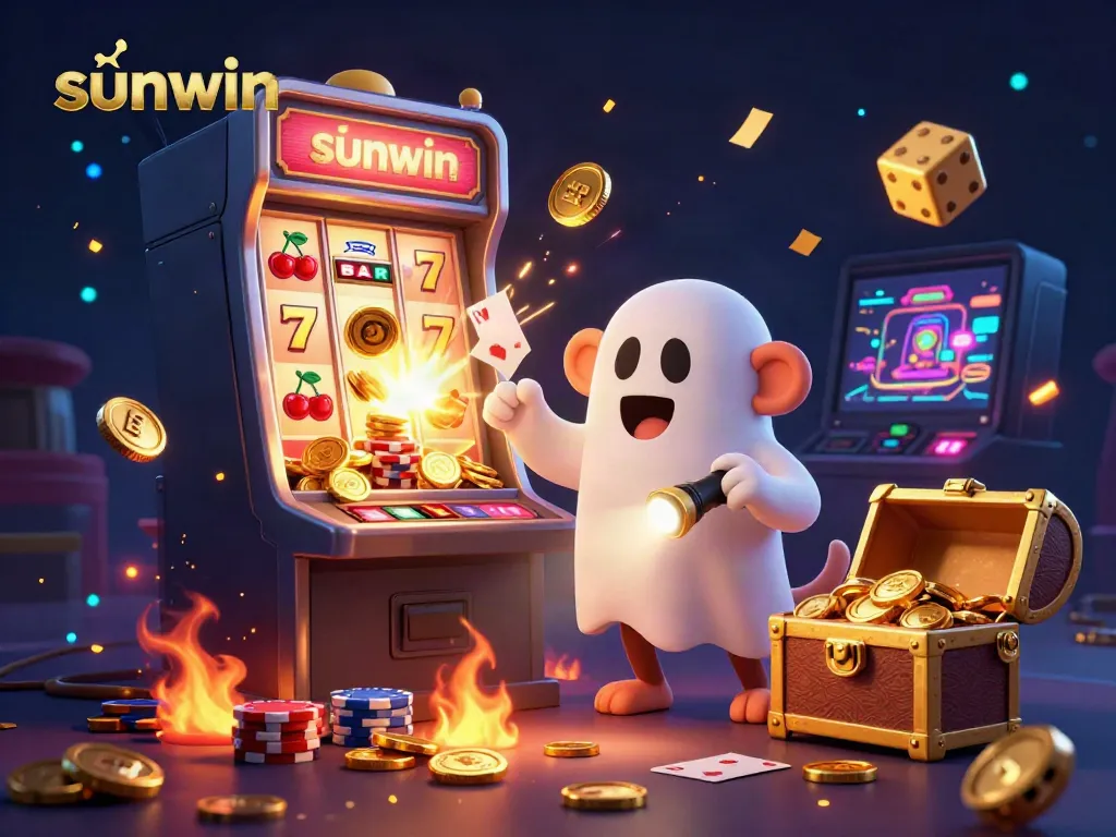 Experience the thrill of sunwin at this vibrant 3D casino scene featuring jackpots and golden treasures.