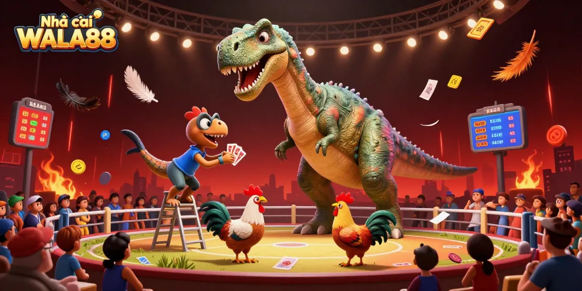 Experience live cockfighting excitement with Nhà cái WALA88 as a towering brontosaurus scrutinizes the action below.