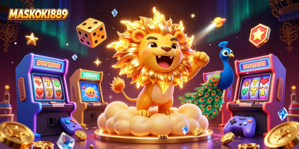 Experience captivating wins with MASKOKI889's vibrant casino scene filled with animated characters and flashy game elements.