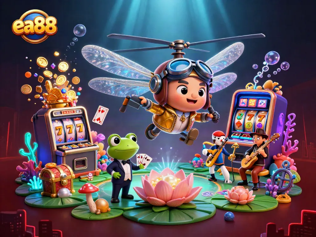 Spin to win at ea88 with vibrant scene of a dragonfly helicopter pilot and frog croupier