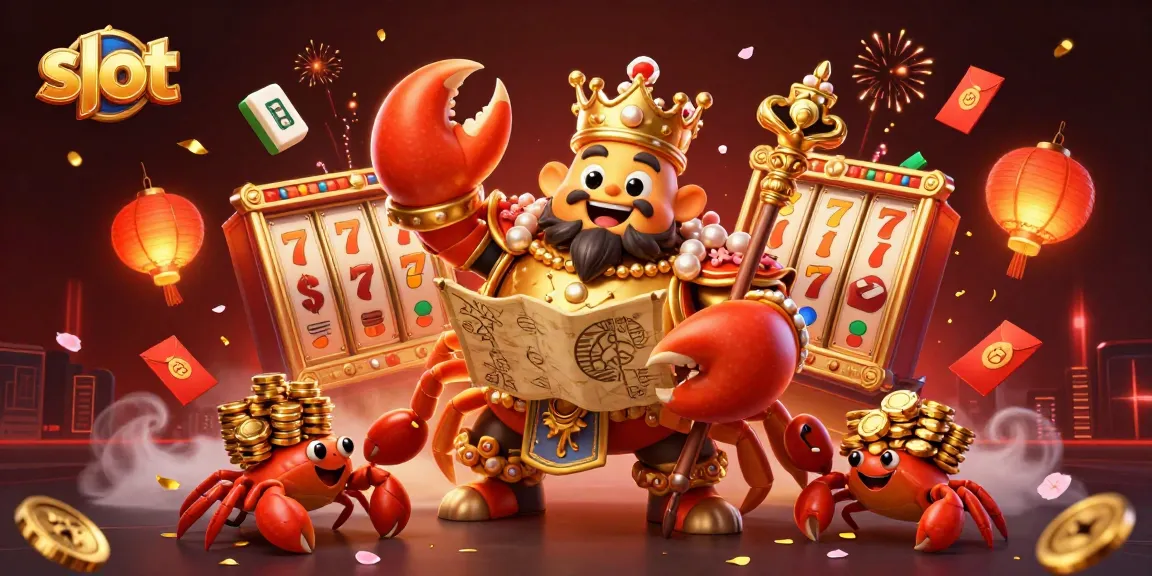 Spin the slot reels with a golden crab emperor surrounded by festive gaming elements.