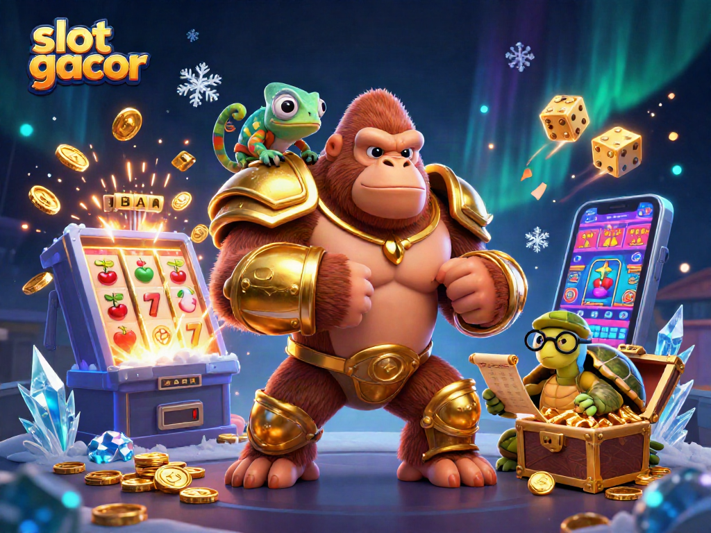 Experience slot gacor excitement with a gorilla king, chameleon spy, and tortoise elder beside dazzling slot machine action.
