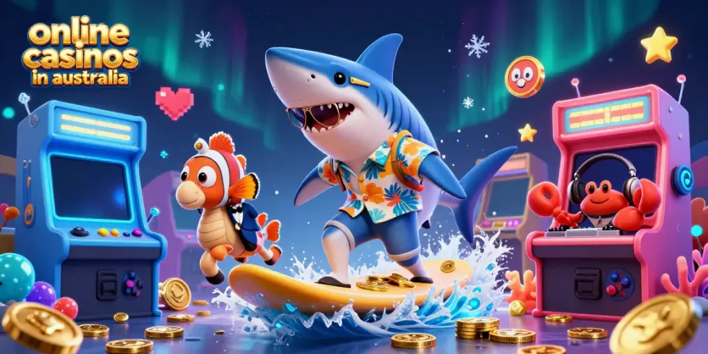 Experience thrilling action with online casinos in Australia featuring a surfing shark and a DJ crab