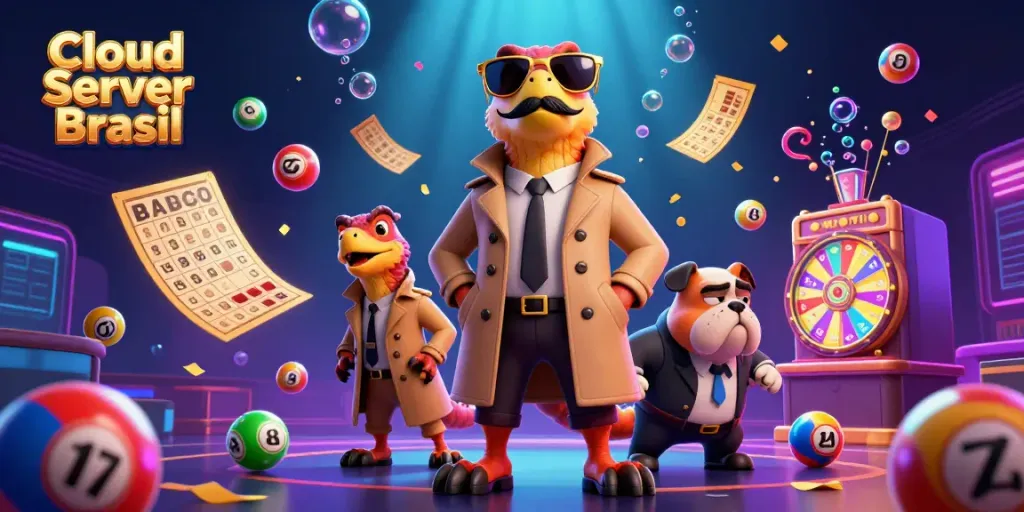 Experience exciting gameplay with Cloud Server Brasil at a VIP casino with raptors and a bulldog bouncer.