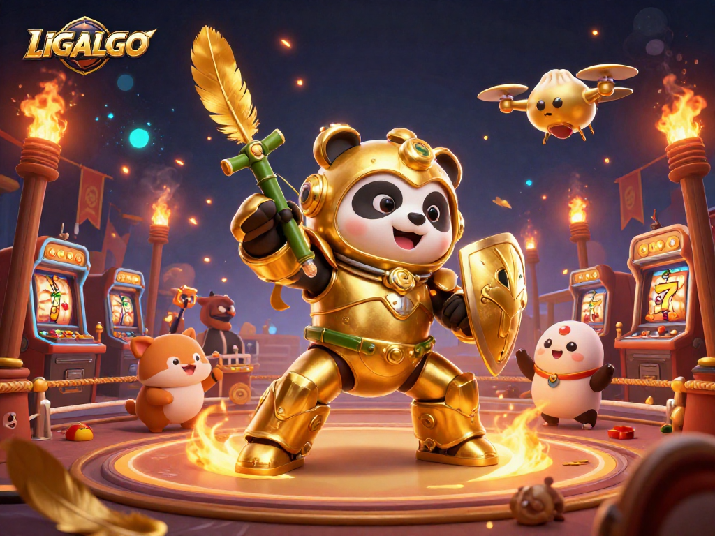 LIGALGO showcases a dynamic casino battle arena with a golden panda and slot machines.