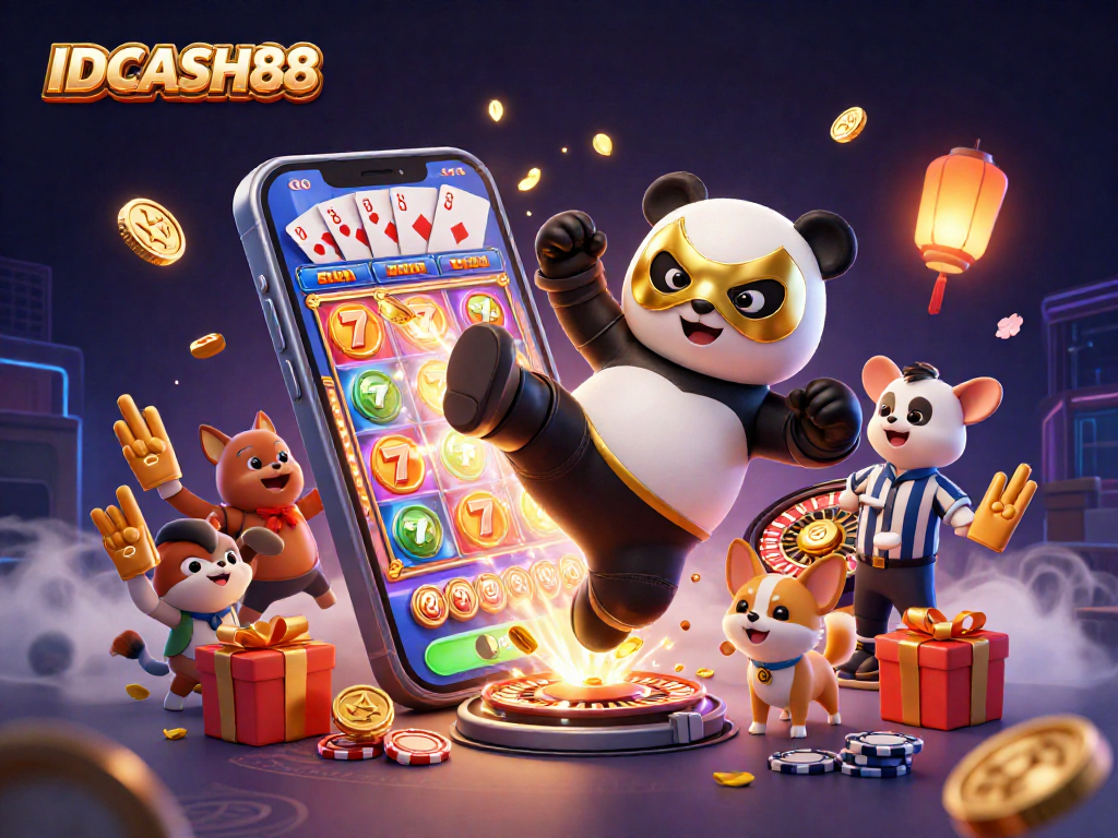 IDCASH88 showcases a lively 3D cartoon scene featuring a panda wrestler, animal fans, and slot games.